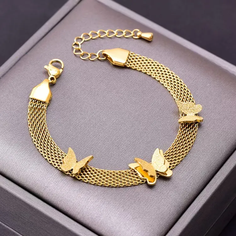 Fashion 18K Gold Plated Titanium Steel Butterfly Bracelet For Women Flat Braided Chain Adjustable Lobster Clasp Jewelry