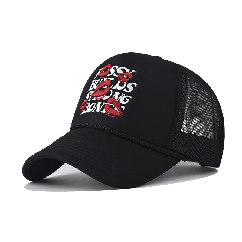 Casquette Trucker Couronne Haute Baseball Broderie Lèvres Respirant Retro Streetwear Snapback Unisexe Réglable