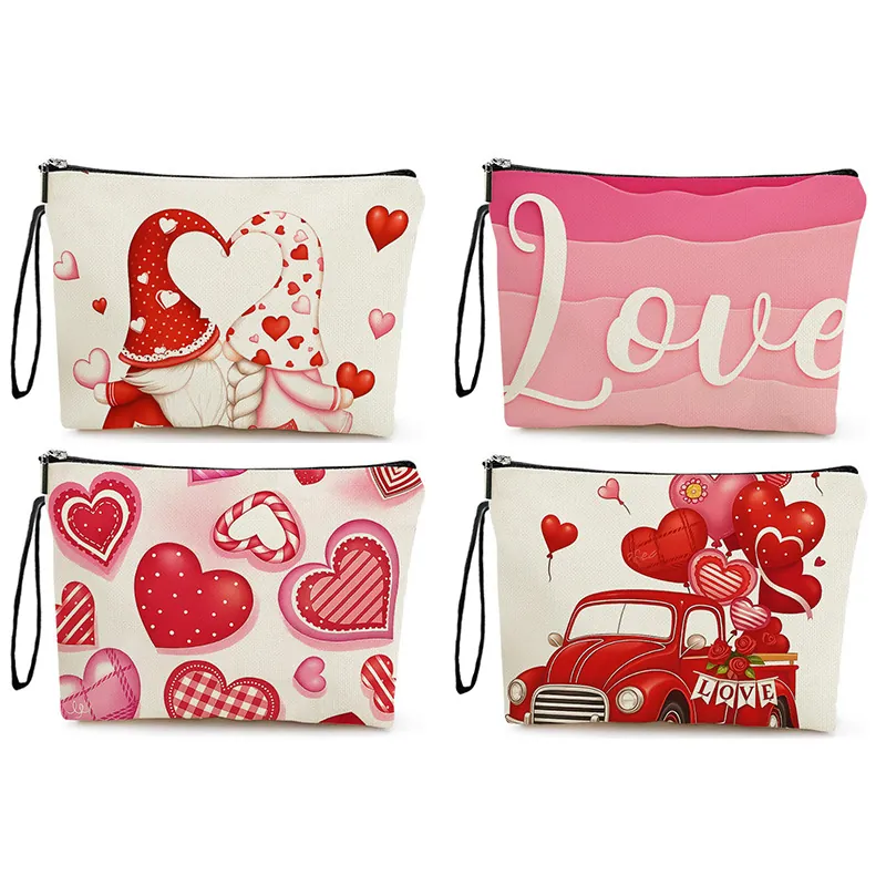 Linen Cosmetic Bag Zipper Makeup Pouch Valentine Hearts Gnomes Travel Storage Portable Organizer Case For Women