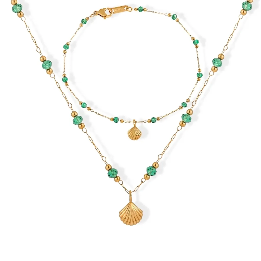French Vintage Shell Necklace And Bracelet Emerald Green Zircon Titanium Steel 18K Gold Plated Scallop Pendant For Women
