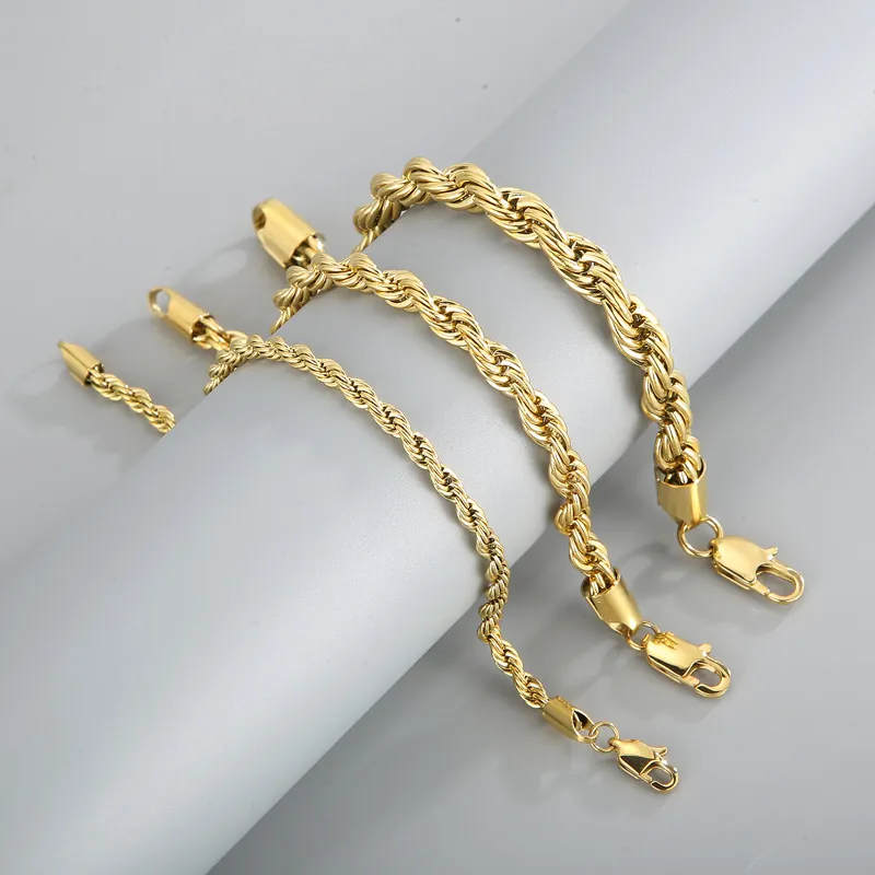 Rope Chain Bracelet Stainless Steel 18K Gold Plated Twisted Link Simple Fashion Jewelry For Men Women