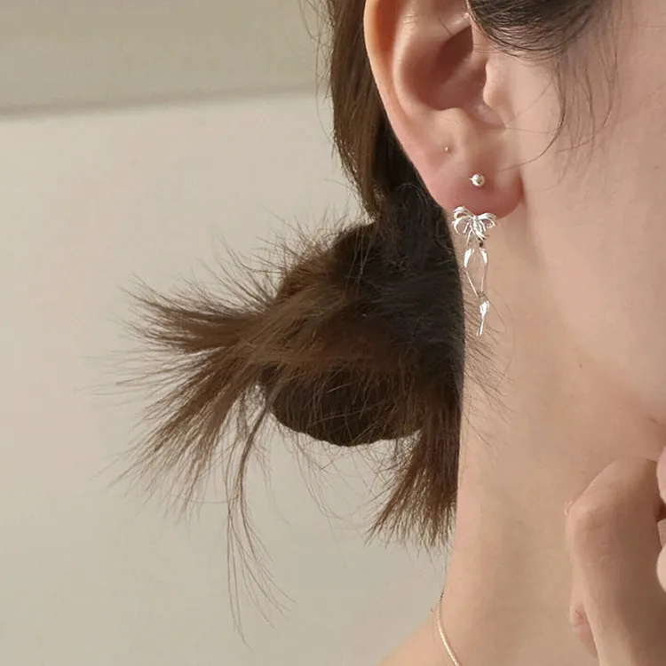 Elegant Bowknot Ribbon Stud Earrings For Women Copper Silver Plated Long Tassel Sweet Fashion Jewelry Gift