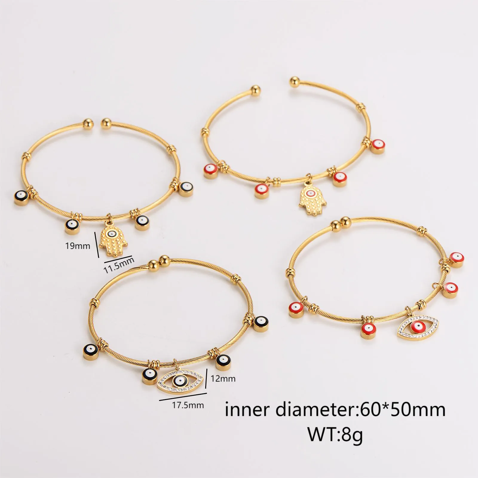 Evil Eye Hamsa Hand Open Bangle 18K Gold Plated 304 Stainless Steel Enamel Twisted Wire Bracelet For Women