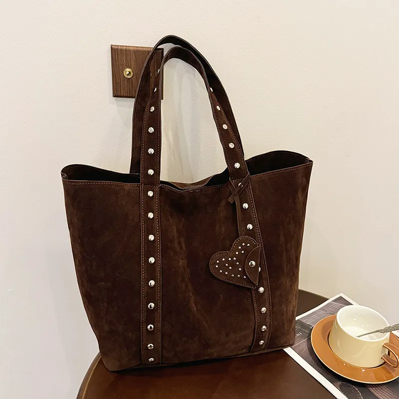 Large Capacity Suede Tote Bag Frosted Leather Shoulder Bag With Rivet Decor And Heart Charm For Women Daily Commute