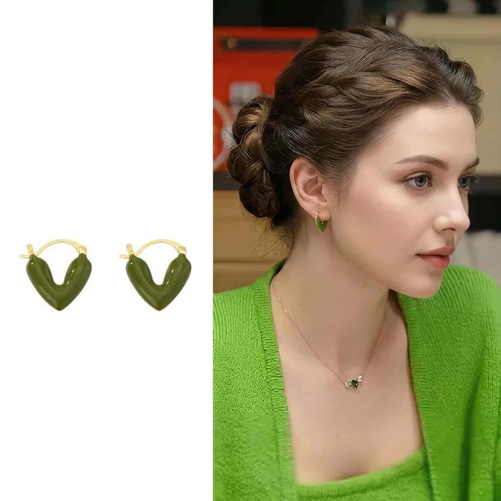 V Shape Heart Hoop Earrings Gold Plated Copper Enamel Dripping Oil Sweet Small Fresh Jewelry For Women