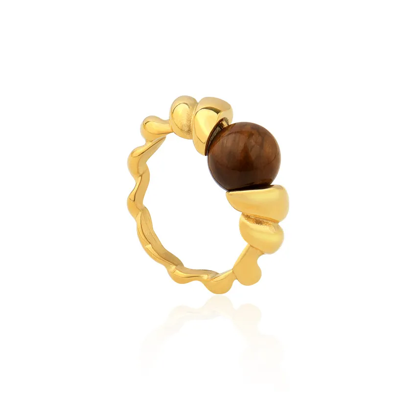 Croissant Twisted Ring 18K Gold Plated Stainless Steel With Artificial Pearl Agate Tiger Eye Stone Retro INS Style For Women