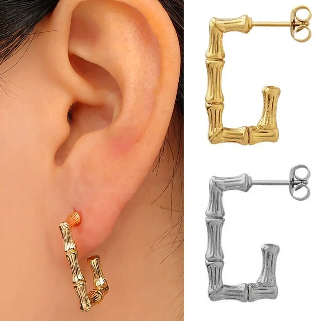 Bamboo Texture Hoop Earrings Stainless Steel Geometric C-Shaped Gold Plated Minimalist Creative Vintage Jewelry For Women