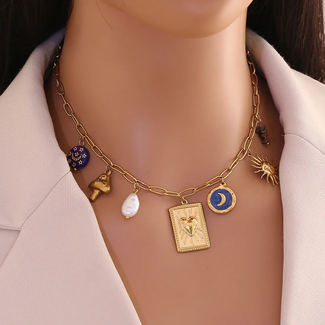 Edelstahl Multi Charm Halskette Goldbeschichtet Sonne Mond Pilz Herz Anhänger Emaille Kunstperle Schmuck