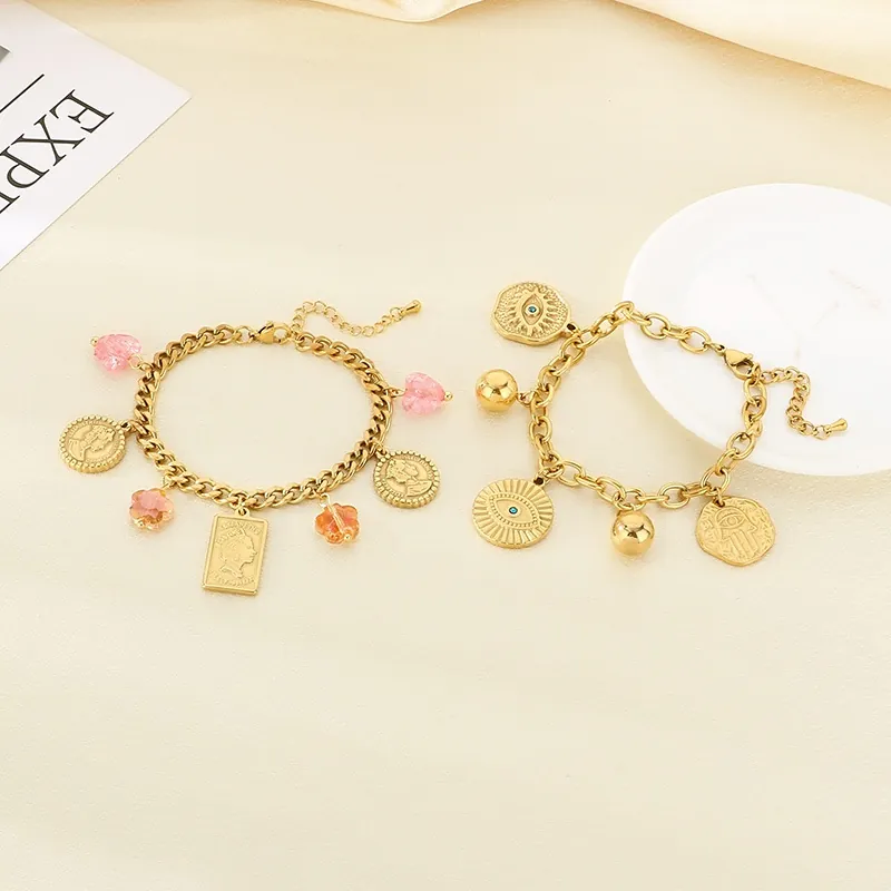 Vintage Stainless Steel Charm Bracelet For Women With Heart Evil Eye And Portrait Coin Pendants Gold Plated Jewelry
