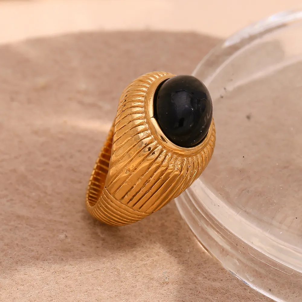 Stainless Steel Ring 18K Gold Plated Black Agate Oval Cabochon Striped Texture Band Retro Vintage Jewelry For Women