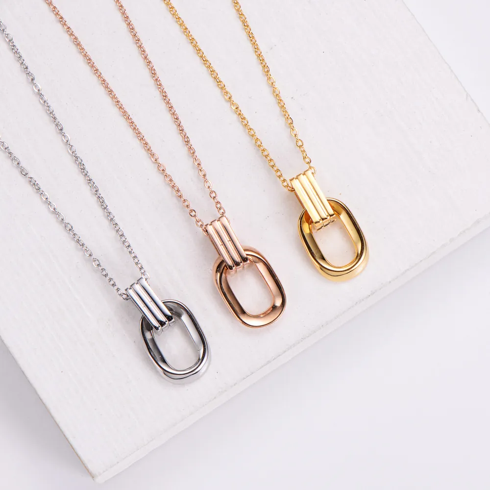 Minimalist Geometric Necklace 316L Stainless Steel Double Ring Oval Pendant Sweet Korean Style For Women