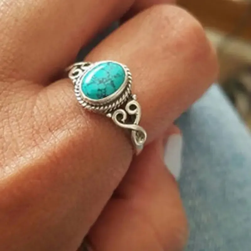 Retro Hollow Ring With Oval Imitation Turquoise Alloy Bohemian Ethnic Style Jewelry For Women