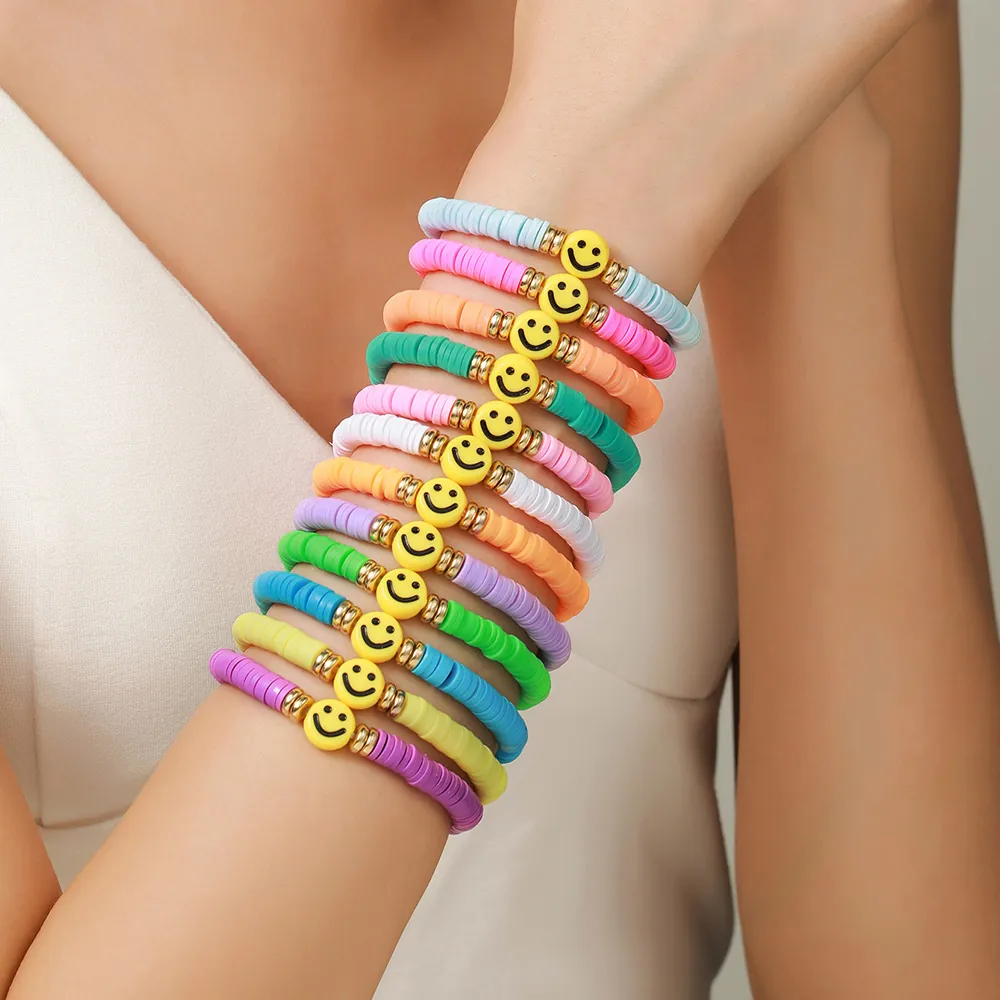 Bohemian Rainbow Polymer Clay Beaded Bracelet For Women Smiley Face Elastic Heishi Bead Ethnic Style Handmade Jewelry Gift