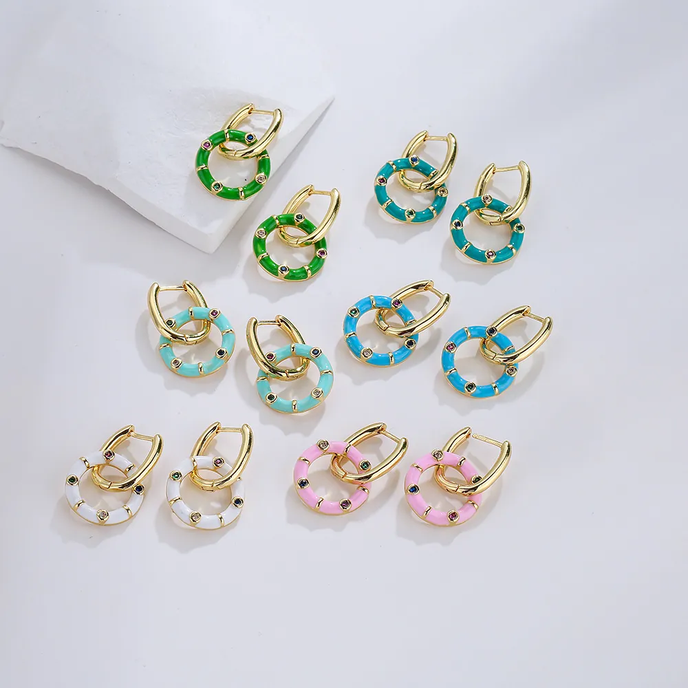 Pendientes De Aro Bohemios De Esmalte Colorido Para Mujer De Cobre Bañado En Oro De 18K Con Circón Colorido