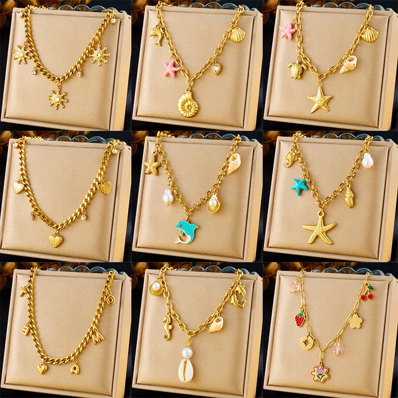 Dolphin Starfish Shell Charm Necklace Gold Plated Stainless Steel Faux Artificial Pearl Heart Pendant Ocean Style Jewelry Women