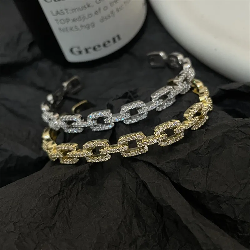 Luxury Copper Pavé Rhinestone Open Bangle Chain Link Design Gold Silver Plated Elegant Bracelet For Women Fashion Jewelry