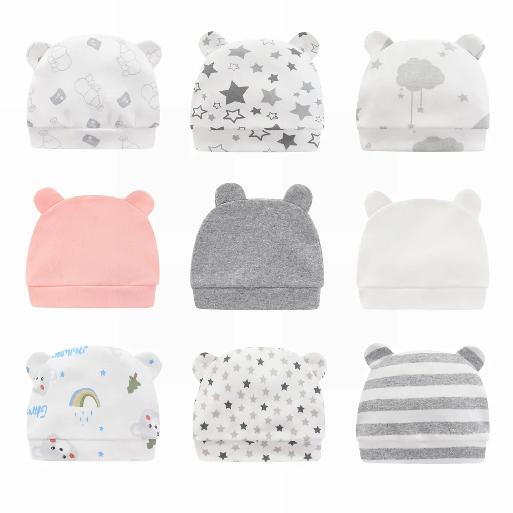 Newborn Baby Cotton Beanie Hat Soft Cartoon Printed Infant Bonnet With Cute Ears For Autumn Winter Babies 0-6 Months
