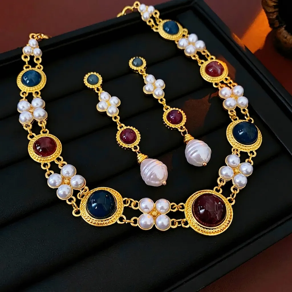 Vintage Alloy Jewelry Women Baroque Artificial Pearl And Resin Gemstone Necklace Drop Earrings With Silver Earring Post