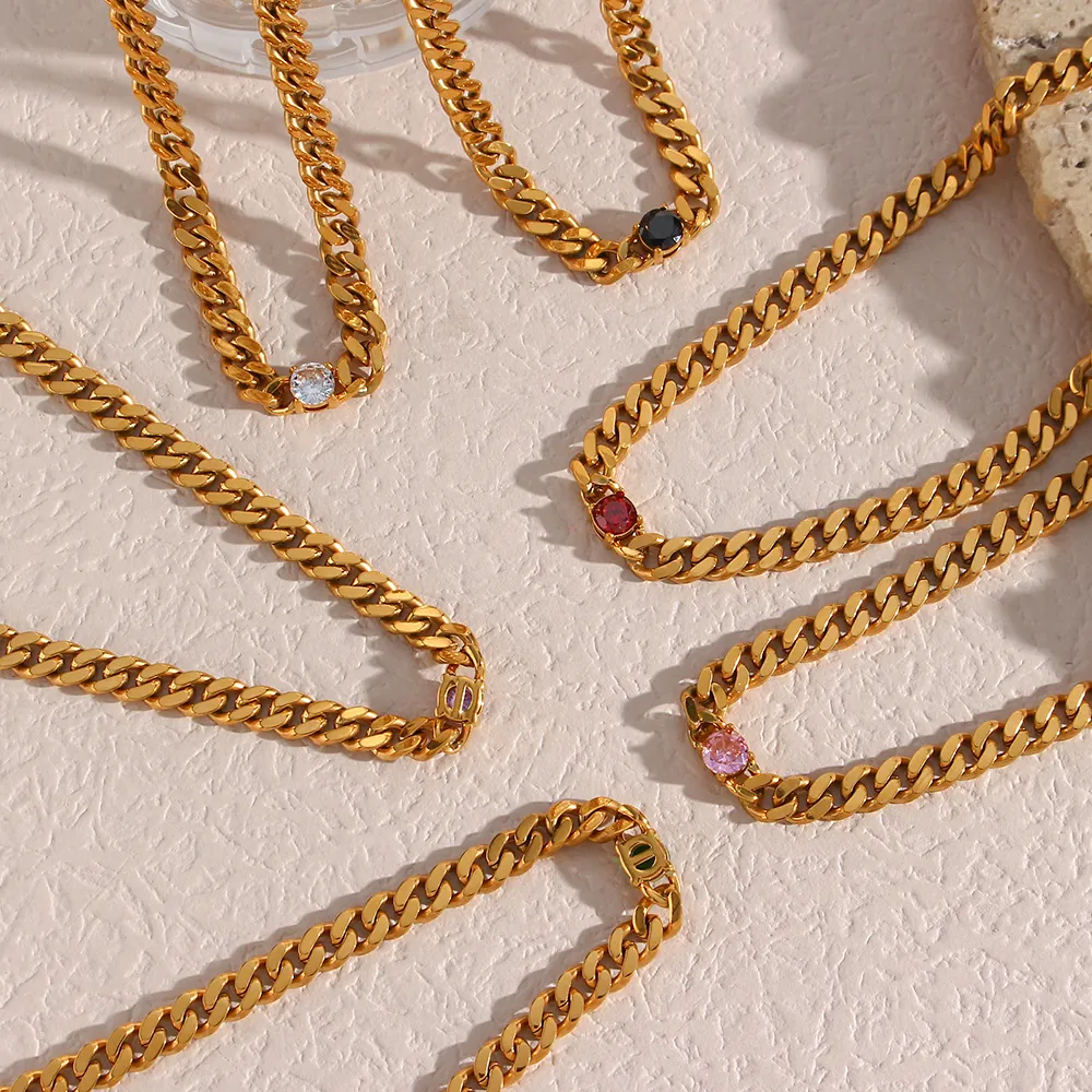 Fashion Cuban Link Chain Necklace Bracelet 18K Gold Plated Stainless Steel Colorful Round Zircon Jewelry For Women