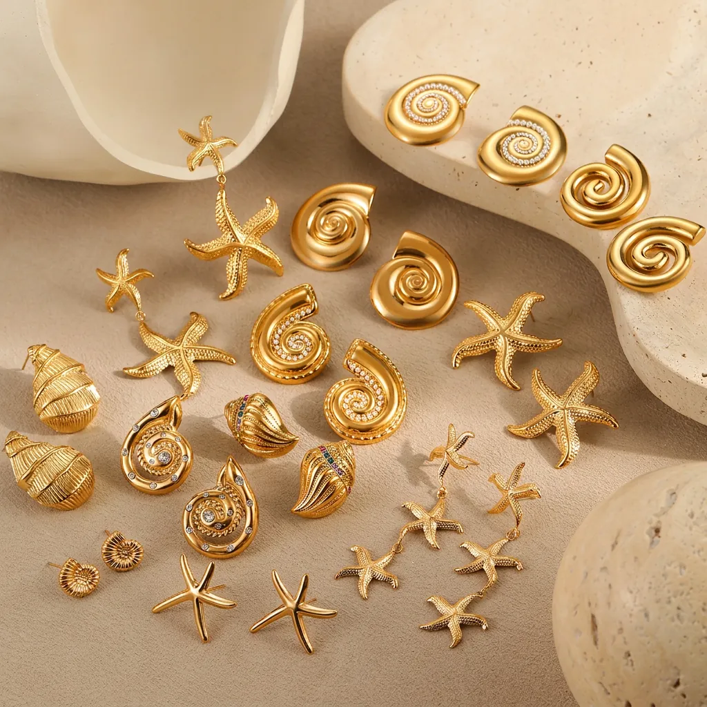 Stainless Steel Ocean Theme Earrings Gold Plated Seashell Starfish Conch Artificial Pearl Inlay Vintage Jewelry Women