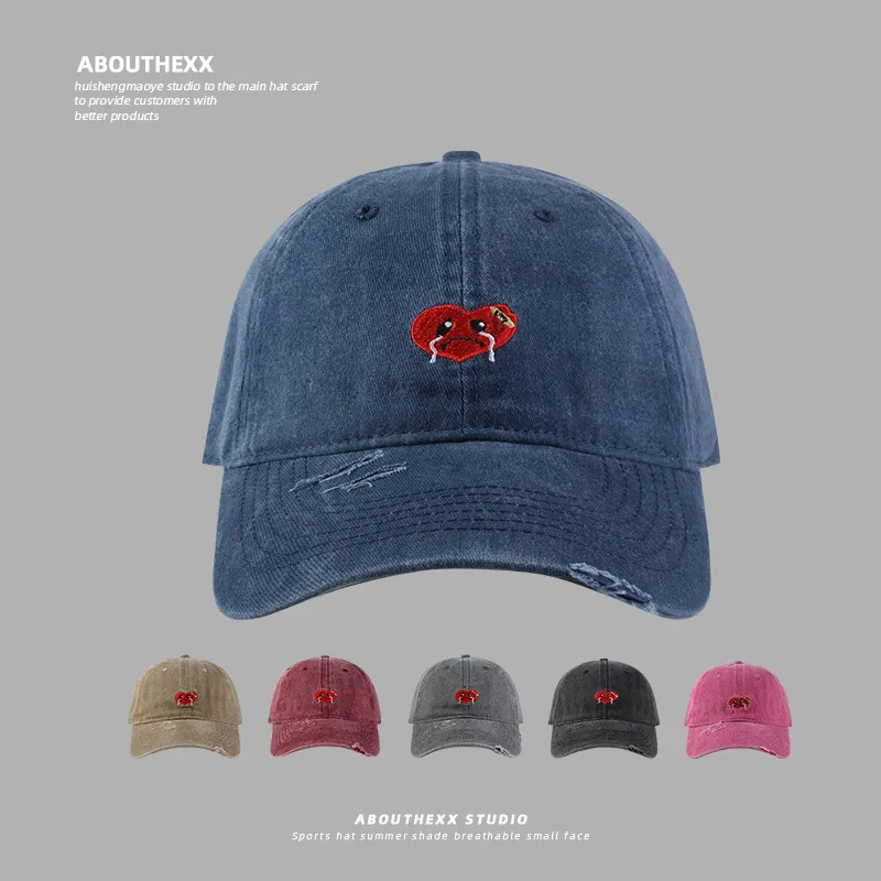 Washed Cotton Baseball Cap Distressed Crying Heart Embroidery Vintage Sun Hat Adjustable Streetwear For Men Women