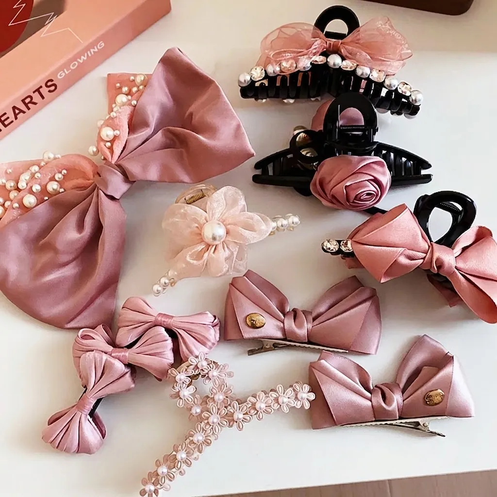 Sweet Pink Bow Flower Pearl Hair Clip For Women Elegant Rhinestone Alloy Shark Clip Romantic Princess Hair Accessories