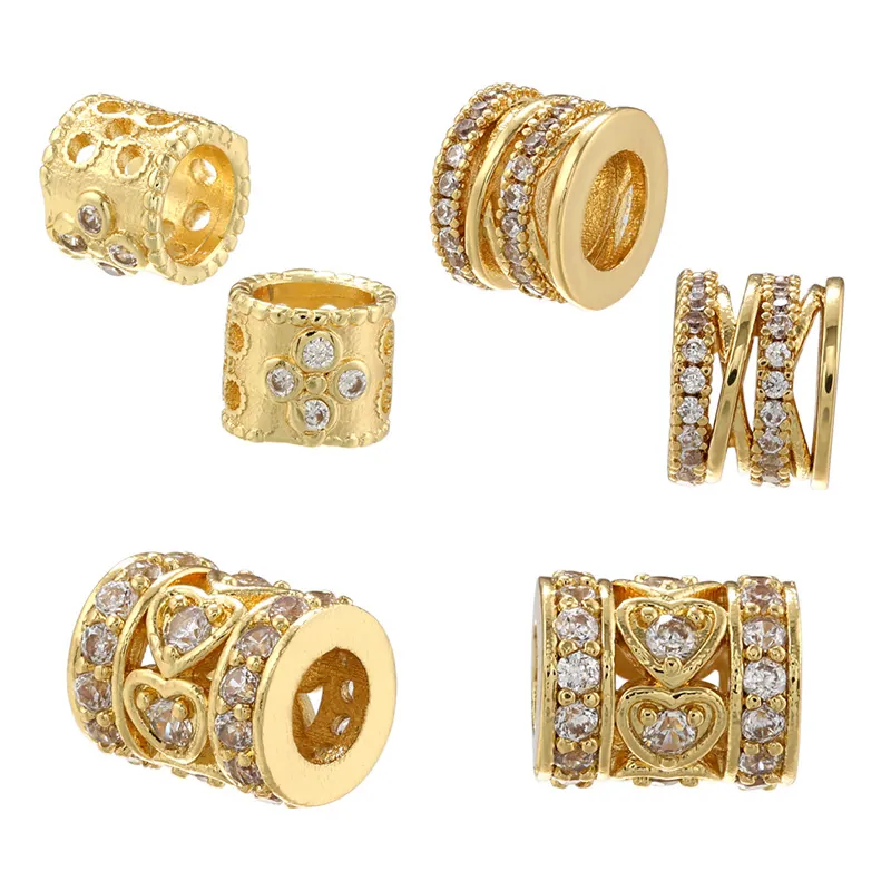 Brass Cubic Zirconia Spacer Beads Hollow Heart Clover Cross Cylindrical Jewelry Making Charms Fashion Accessories
