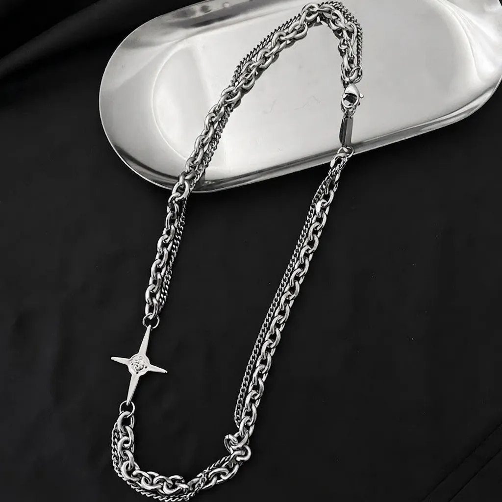 Herren Hip Hop Doppellagige Legierung Halskette Mit Vierpunktstern Anhänger Streetwear Retro Stil Schmuck