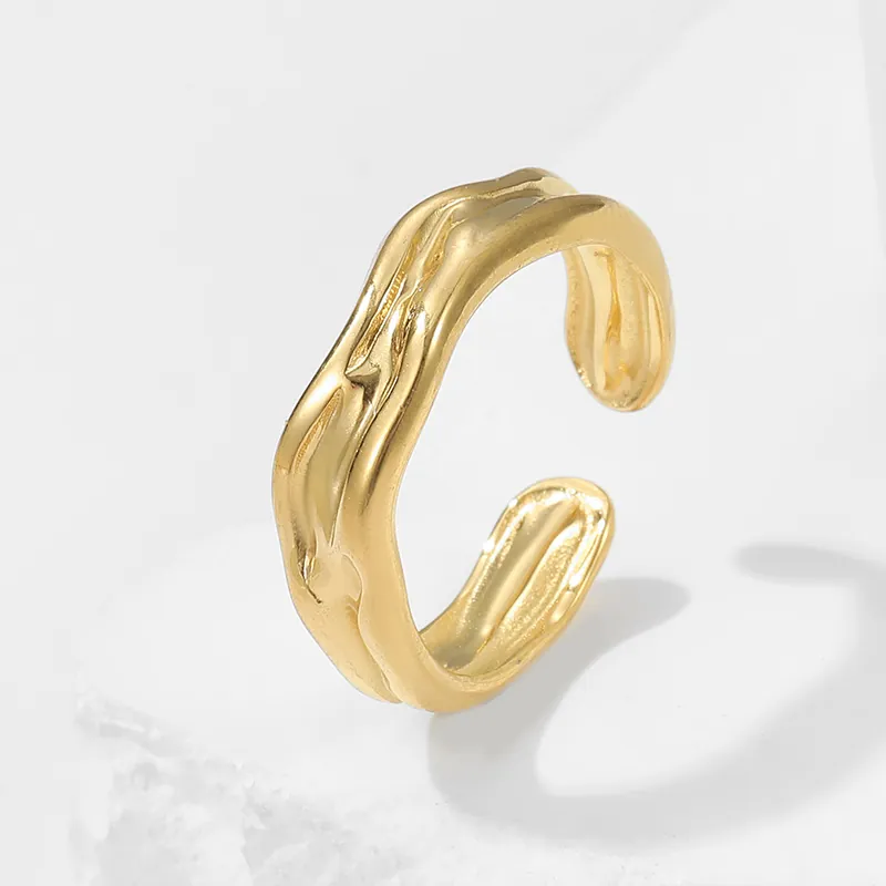 Irregular Lava Wave Ring Stainless Steel Adjustable Open Band Minimalist Textured Jewelry For Women