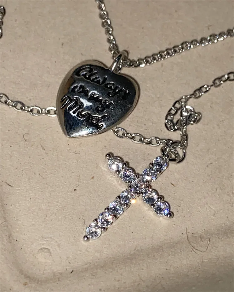 Heart Cross Pendant Layered Necklace Copper Zircon Engraved Always On My Mind Balletcore Style For Women