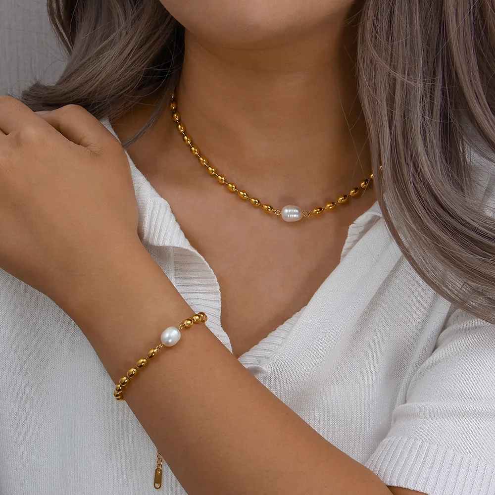 Stainless Steel Necklace Bracelet Jewelry With Artificial Baroque Pearl Gold Plated Oval Beads Minimalist Accessory For Women