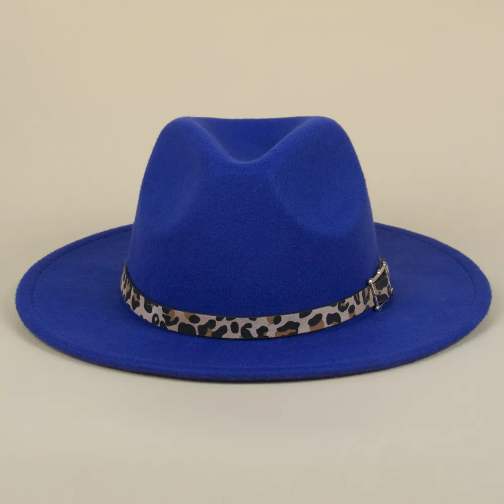 Vintage Women Wool Felt Fedora Hat With Leopard Print Band And Golden Metal Buckle Wide Brim Elegant British Style