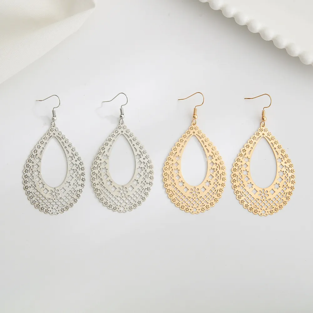 Vintage Water Drop Dangle Earrings For Women Copper Hollow Out Filigree Ethnic Boho Retro Style Metal Jewelry