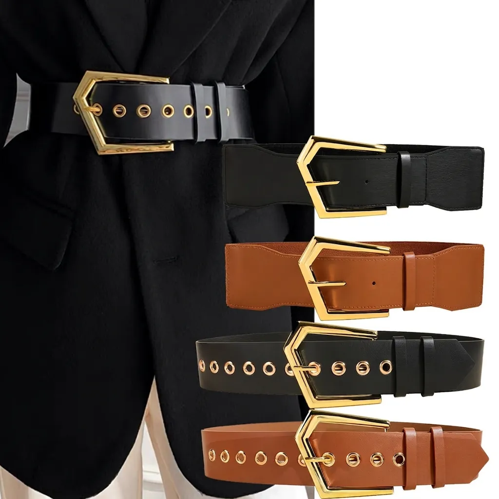 Women Wide Waist Belt Vintage PU Leather Elastic Cinch Geometric Alloy Buckle For Dresses Coat Fashion Trendy