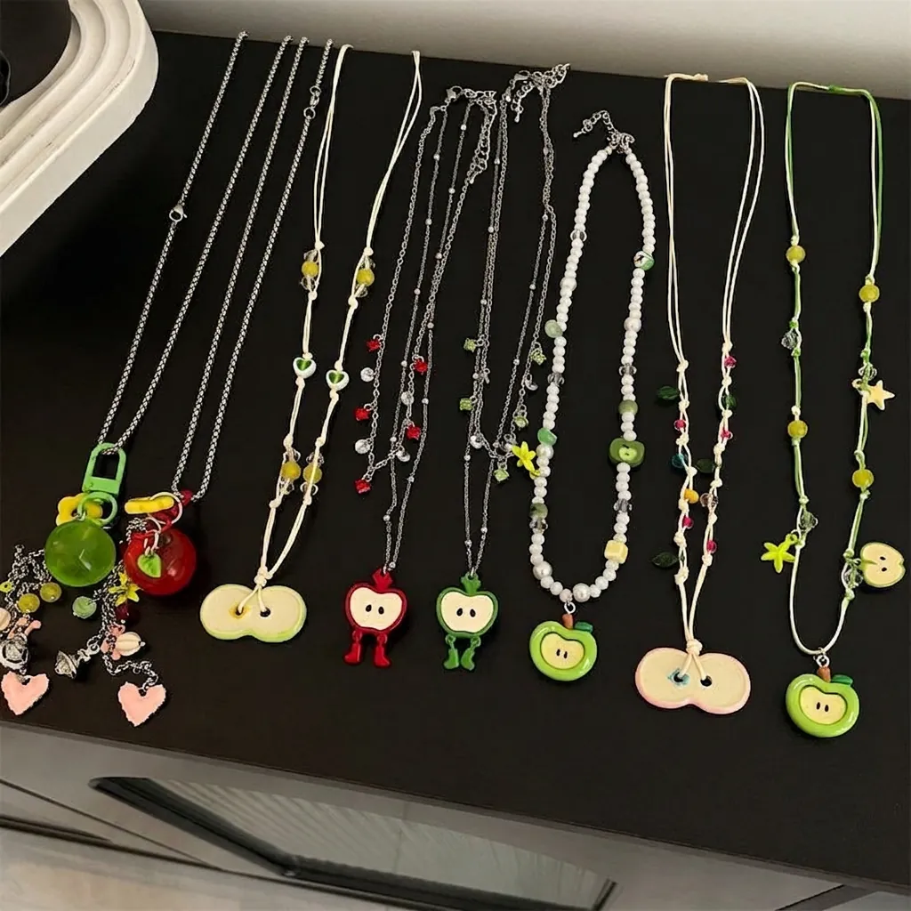 Mignon Collier Pendentif Pomme Fait Main Résine Céramique Perles Chaîne Clavicule Bijoux Fruits Femmes Cadeau Accessoire