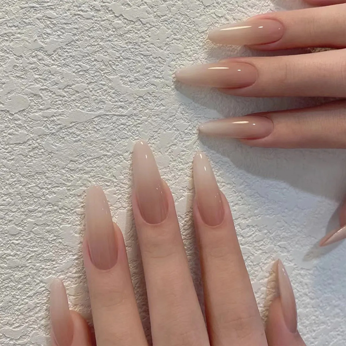 French Manicure Press On Nails Long Almond Shape Ombre Gradient Glossy Nude Pink White DIY Artificial False Finger Tips