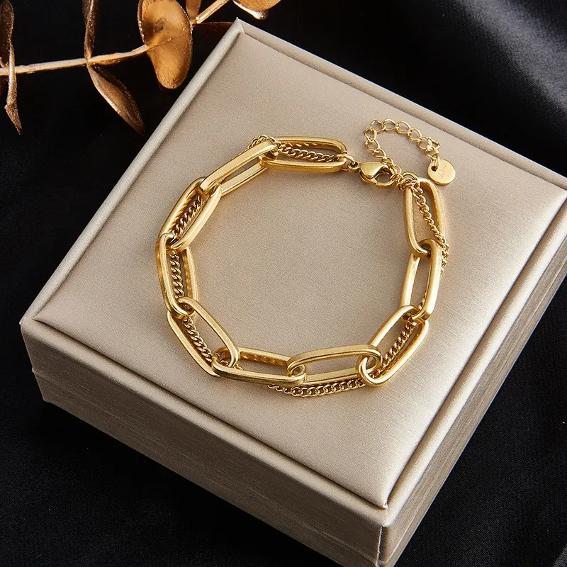 Vintage Double Layer Stainless Steel Chain Bracelet For Women Gold Plated Paperclip Curb Chain Adjustable Stackable Jewelry