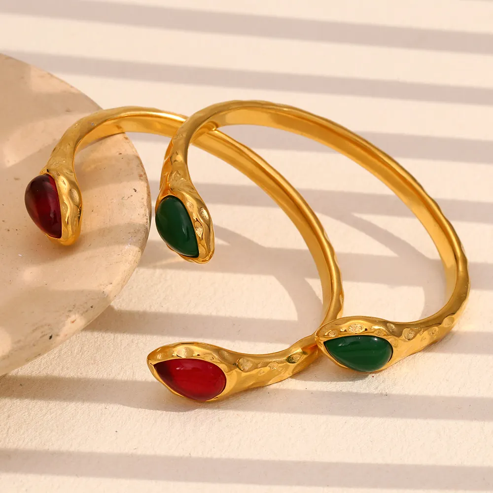 Snake Head Bangle Stainless Steel 18K Gold Plated Hammered Texture Agate Inlay Open Cuff Bracelet Vintage Jewelry For Women