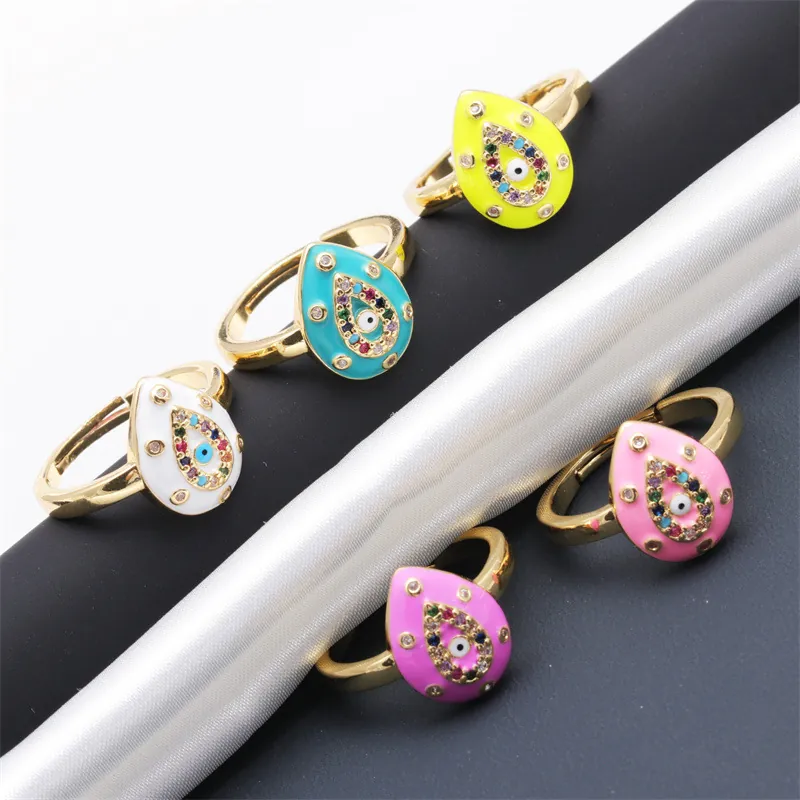 Böser Blick Verstellbarer Ring Kupfer Zirkon Tropfen Emaille Boho Modeschmuck Für Damen