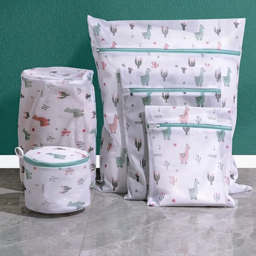 Mesh Laundry Bags Fine Mesh Polyester Anti-Deformation For Washing Machine Cartoon Alpaca Print Zipper Protection