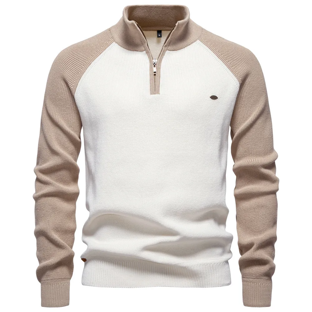 Men Half Zip Knit Sweater Stand Collar Raglan Sleeve Patchwork Pullover Cotton Blend Simple Casual Business Style Top