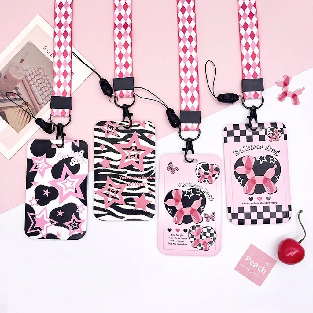 Cartoon Welpe Ausweis Halter ABS Kunststoff Abzeichen Hülle Mit Schlüsselband Schlüsselanhänger Für Schüler Kinder Rosa