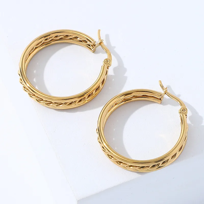 Geometric Hoop Earrings Stainless Steel Braided Twisted Texture Vacuum Plated Retro Minimalist Fashion Jewelry Women