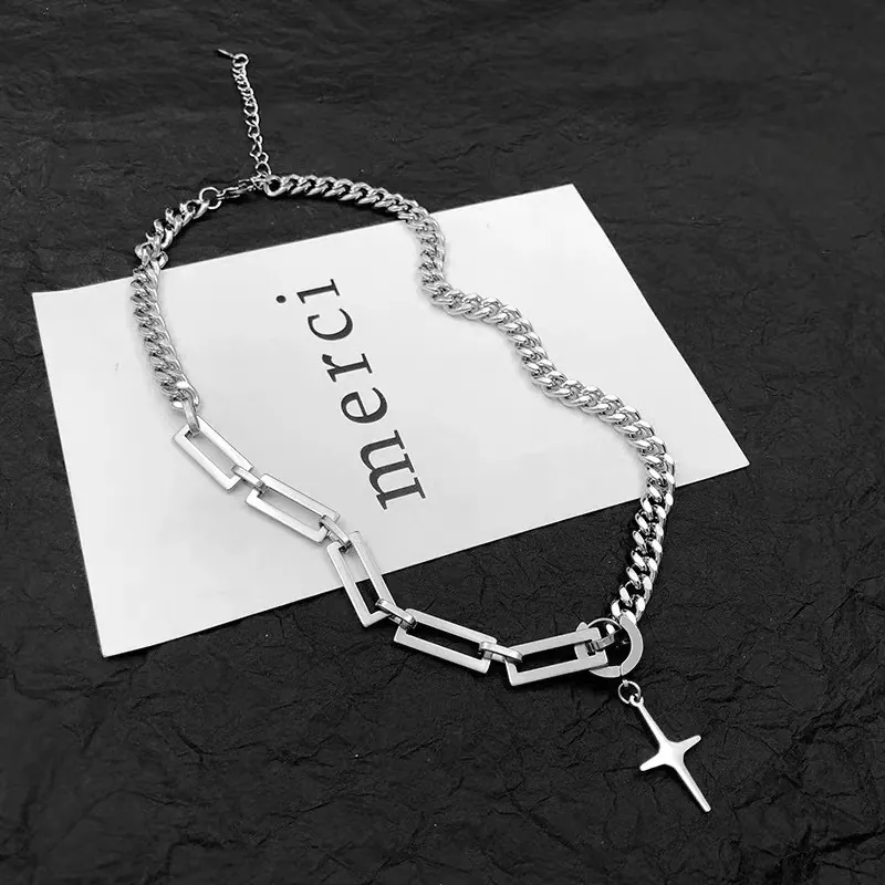 Star Pendant Necklace Titanium Steel Spliced Cuban Paperclip Chain Hip Hop Punk Jewelry For Men Women Silver Tone