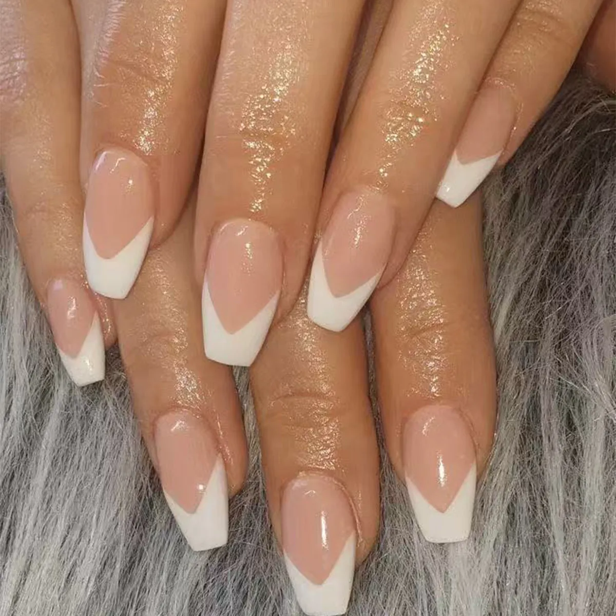 Elegant French V-Shape Nude Ballerina Press On Nails For Women Decorative Coffin Shape Fake Nails With Adhesive