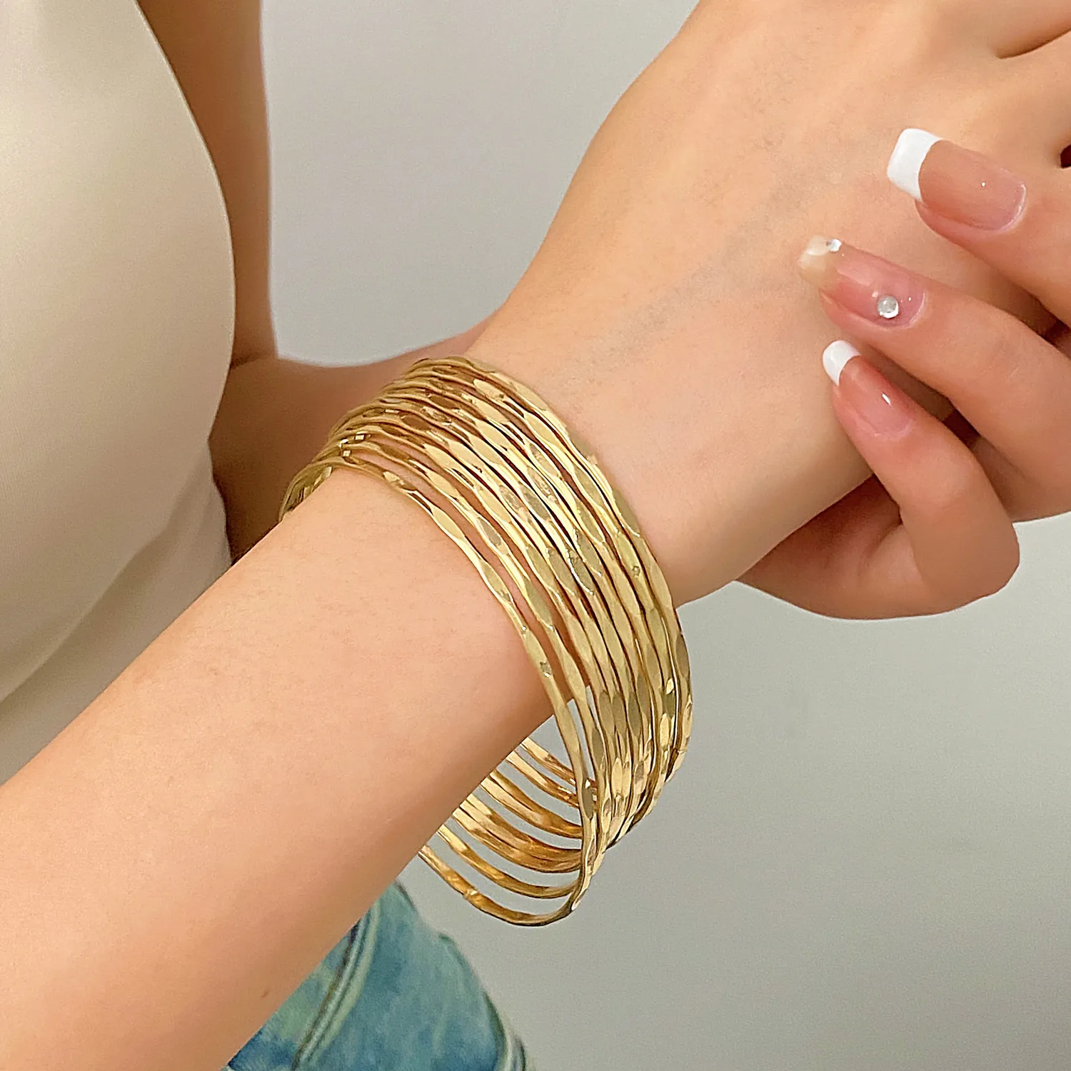 Stackable Alloy Bangle Bracelets Multi-layer Geometric Hammered Texture Boho Ins Style Jewelry For Women Girls Accessory