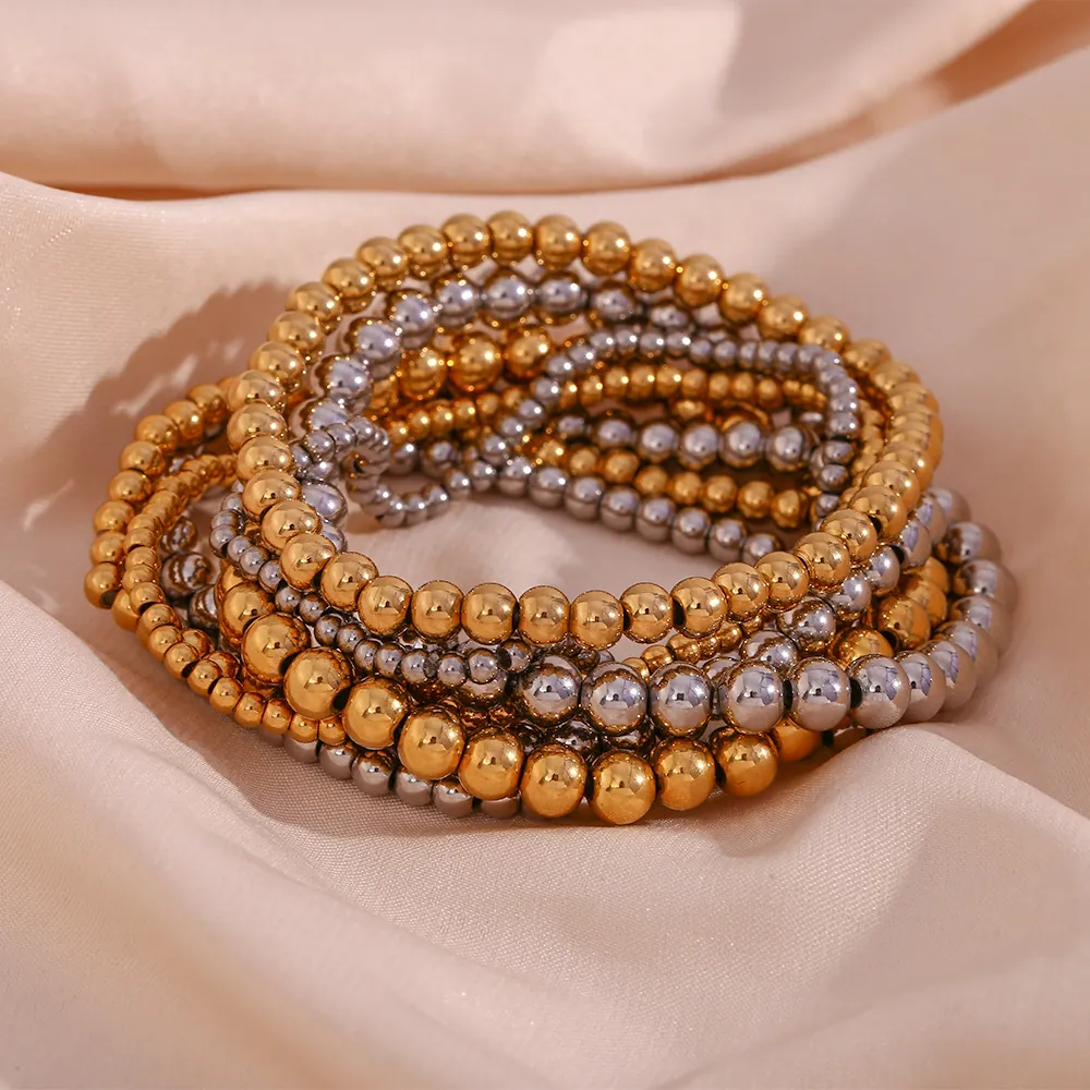 Minimalist Elastic Bead Bracelet 18K Gold Plated Stainless Steel Stacking Round Ball Layered Jewelry For Women