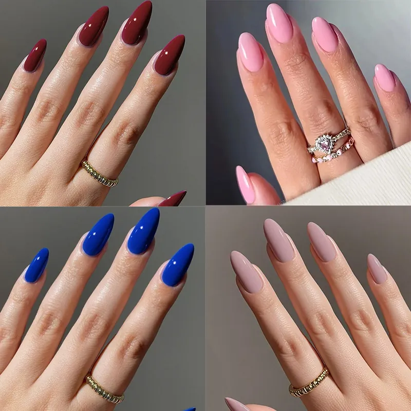 Faux Ongles À Coller Couleur Unie Brillant Forme Amande Stiletto Couverture Complète Manucure DIY Pour Femmes