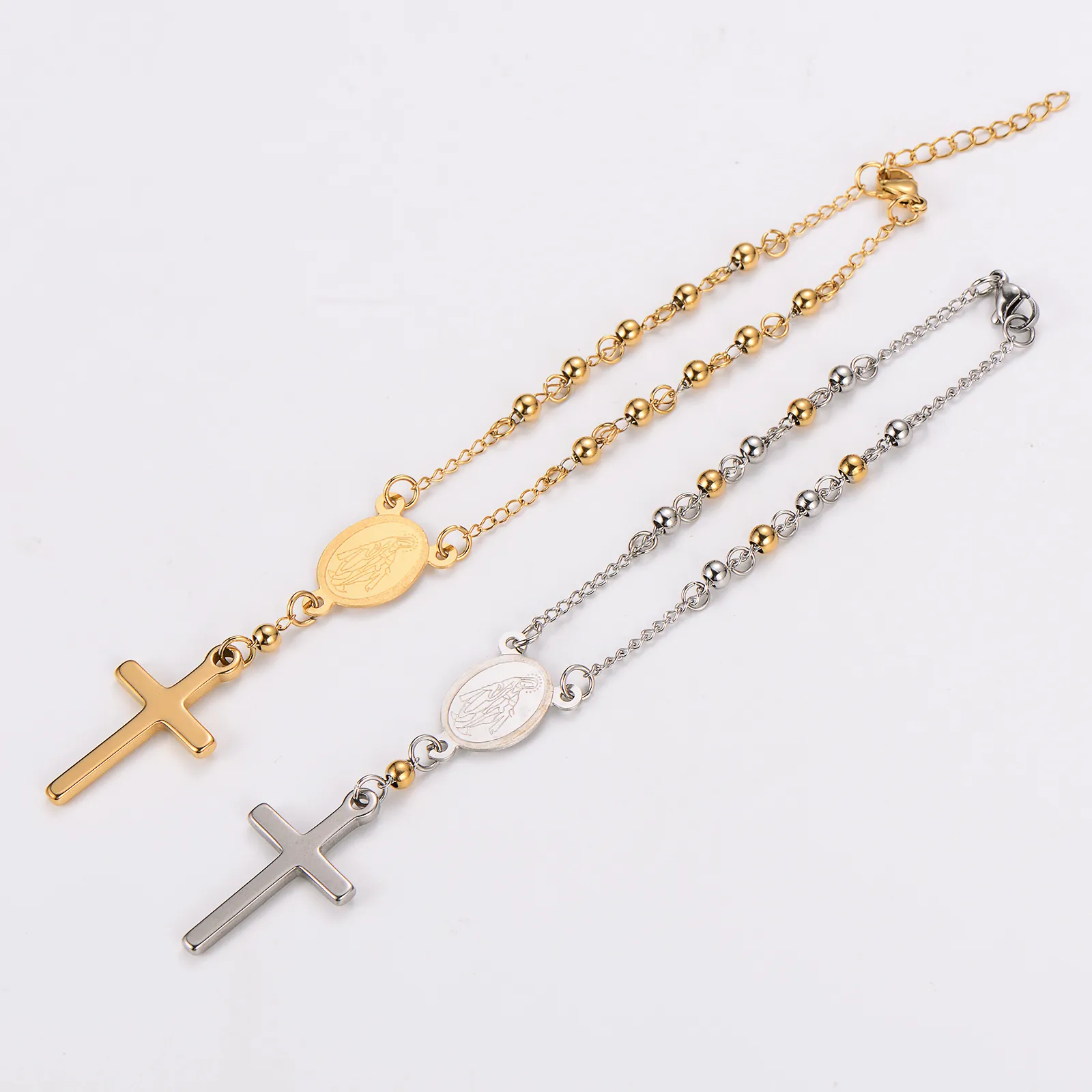 Rosary Bracelet 304 Stainless Steel Cross Pendant Virgin Mary Medal Beaded Chain Religious Vintage Hip Hop Jewelry