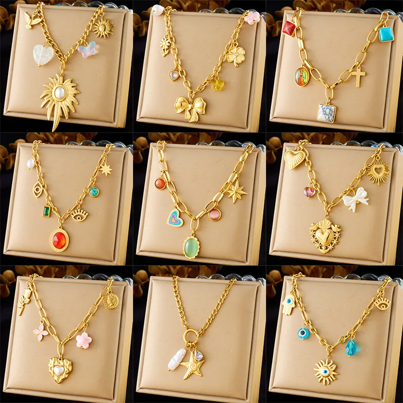 French Retro Gold Plated Stainless Steel Necklace With Heart Artificial Pearl Flower Cross Eye Pendants Multi Charm Clavicle Chain